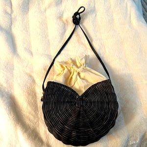 Black woven summer bag with built in canvas bag with drawstring